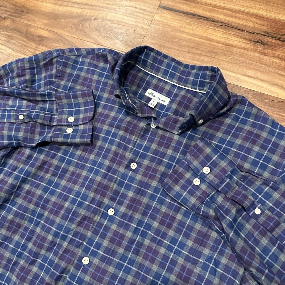Peter Millar Mens Medium Blue Plaid Long Sleeve Button Down Shirt MF22W13JBL